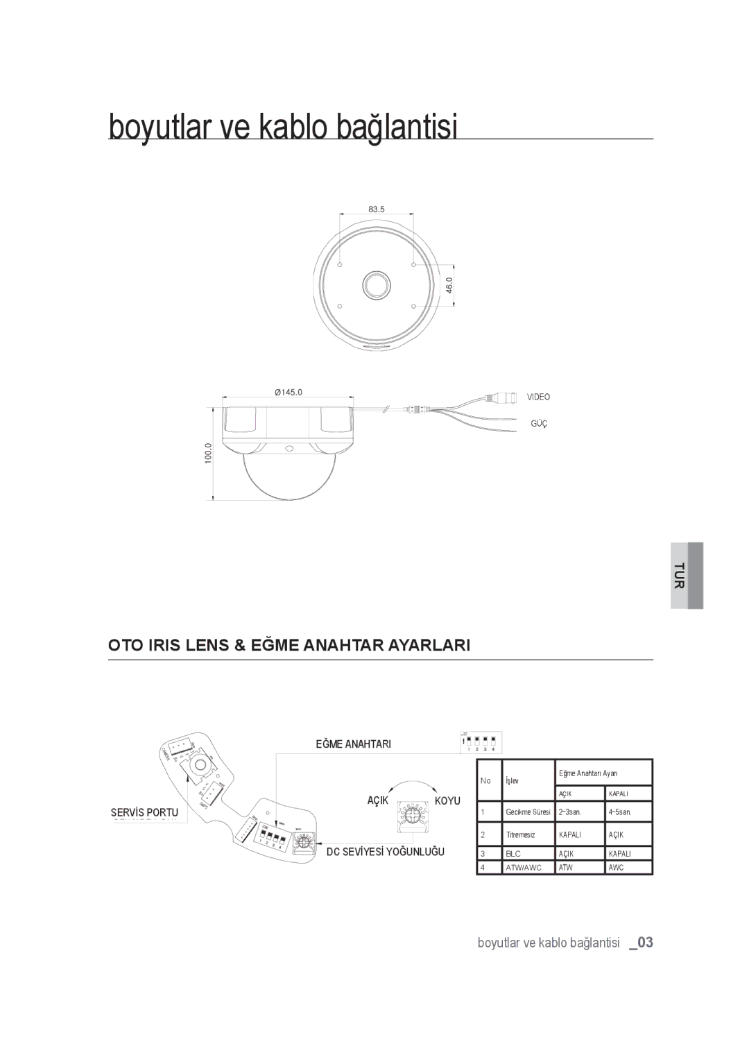 Samsung SCC-B9374P manual Boyutlar ve kablo bağlantisi, OTO Iris Lens & Eğme Anahtar Ayarlari 