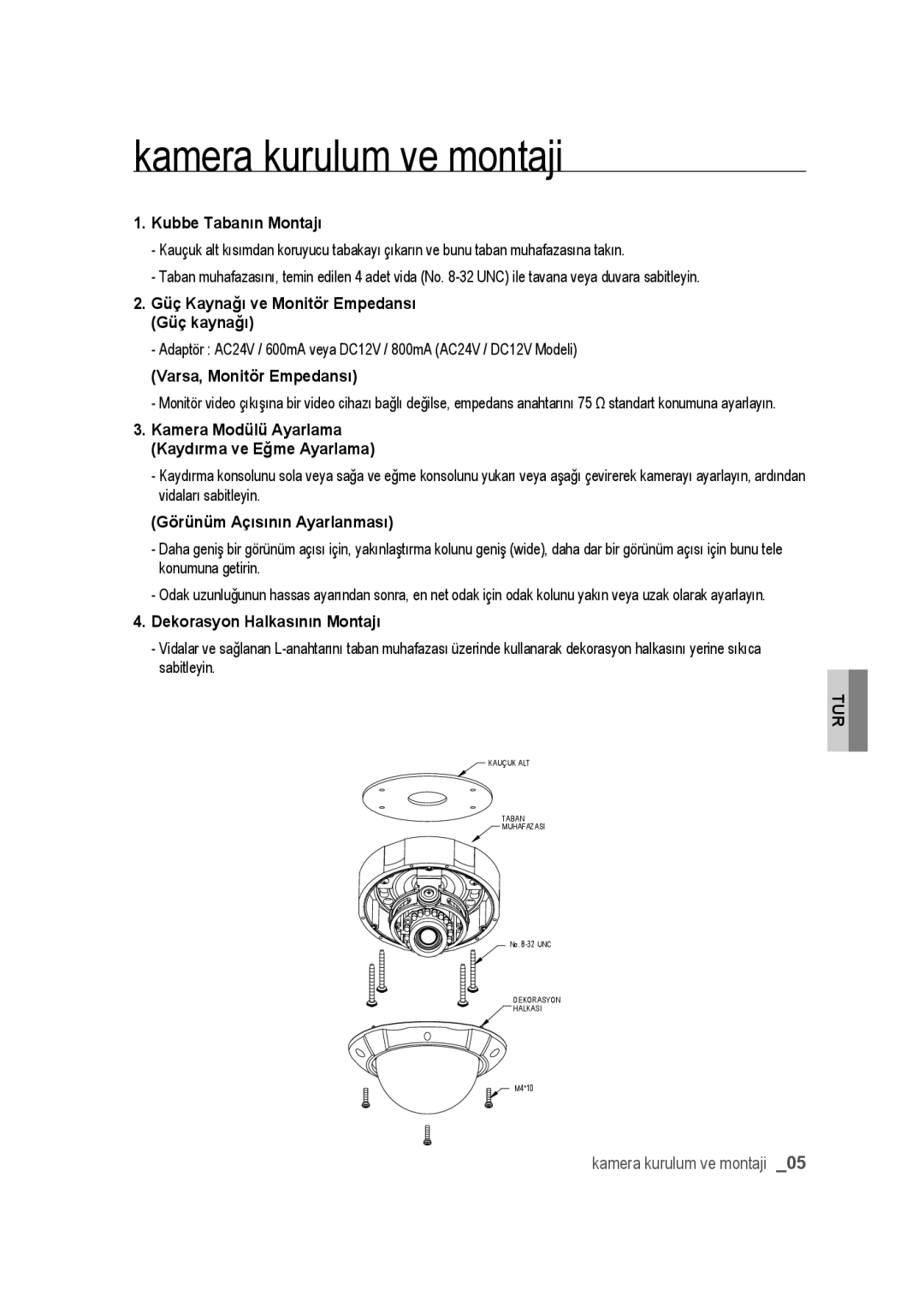 Samsung SCC-B9374P manual Kamera kurulum ve montaji 