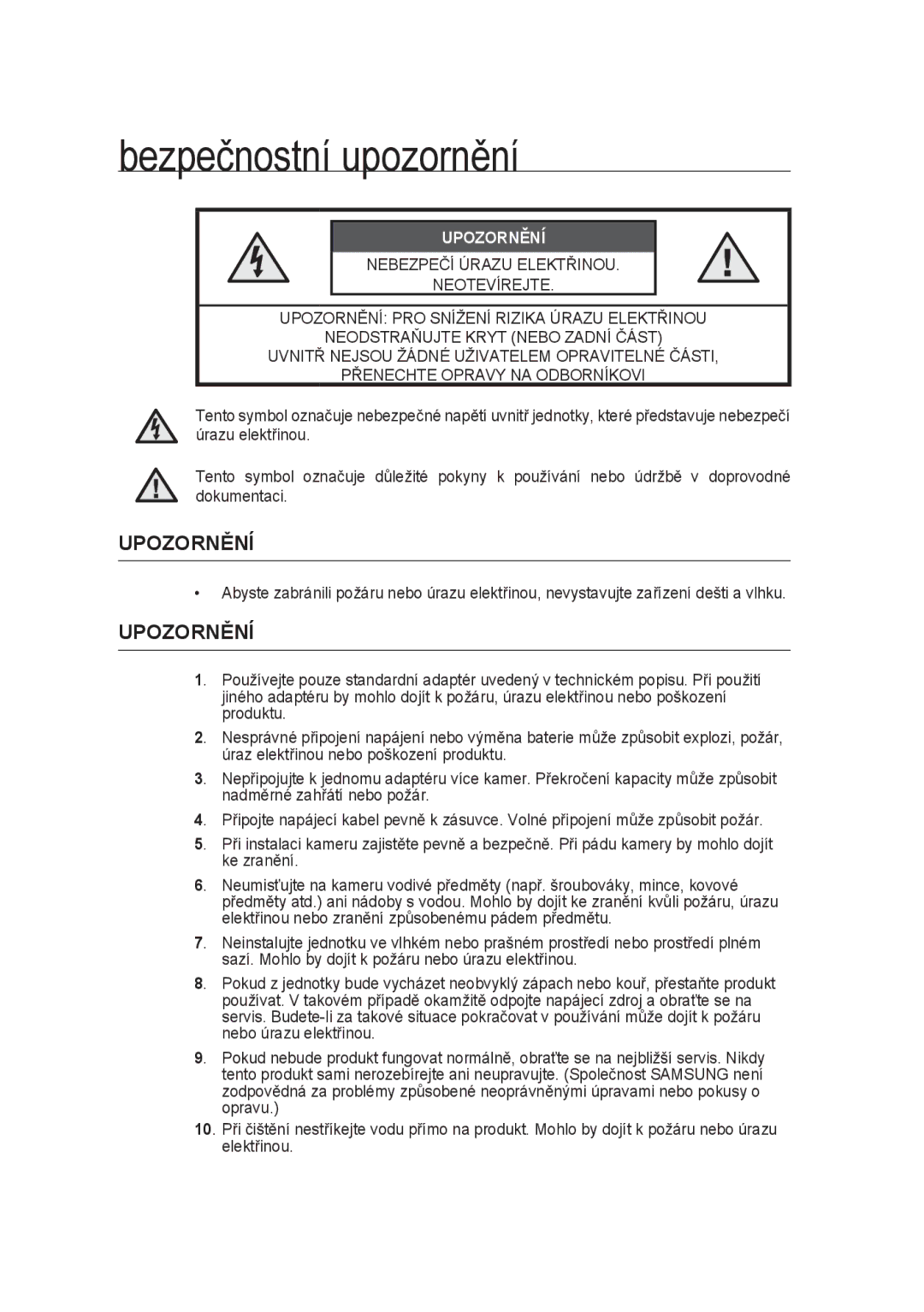 Samsung SCC-B9374P manual Bezpečnostní upozornění, Upozornění 