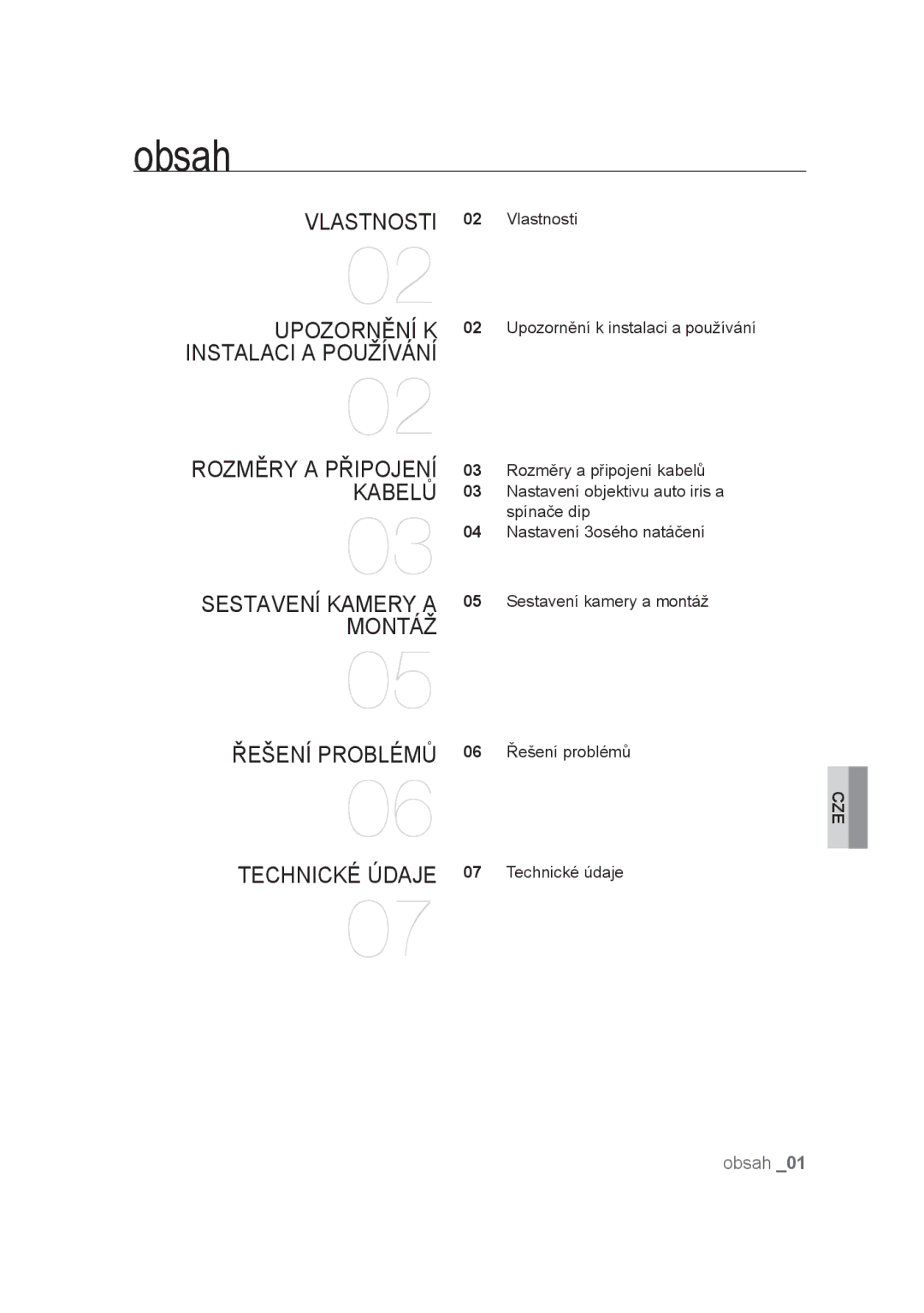 Samsung SCC-B9374P manual Obsah, Řešení problémů, Technické údaje 