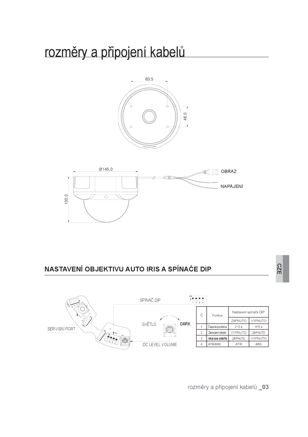 Samsung SCC-B9374P manual Rozměry a připojení kabelů, Nastavení Objektivu Auto Iris a Spínače DIP 