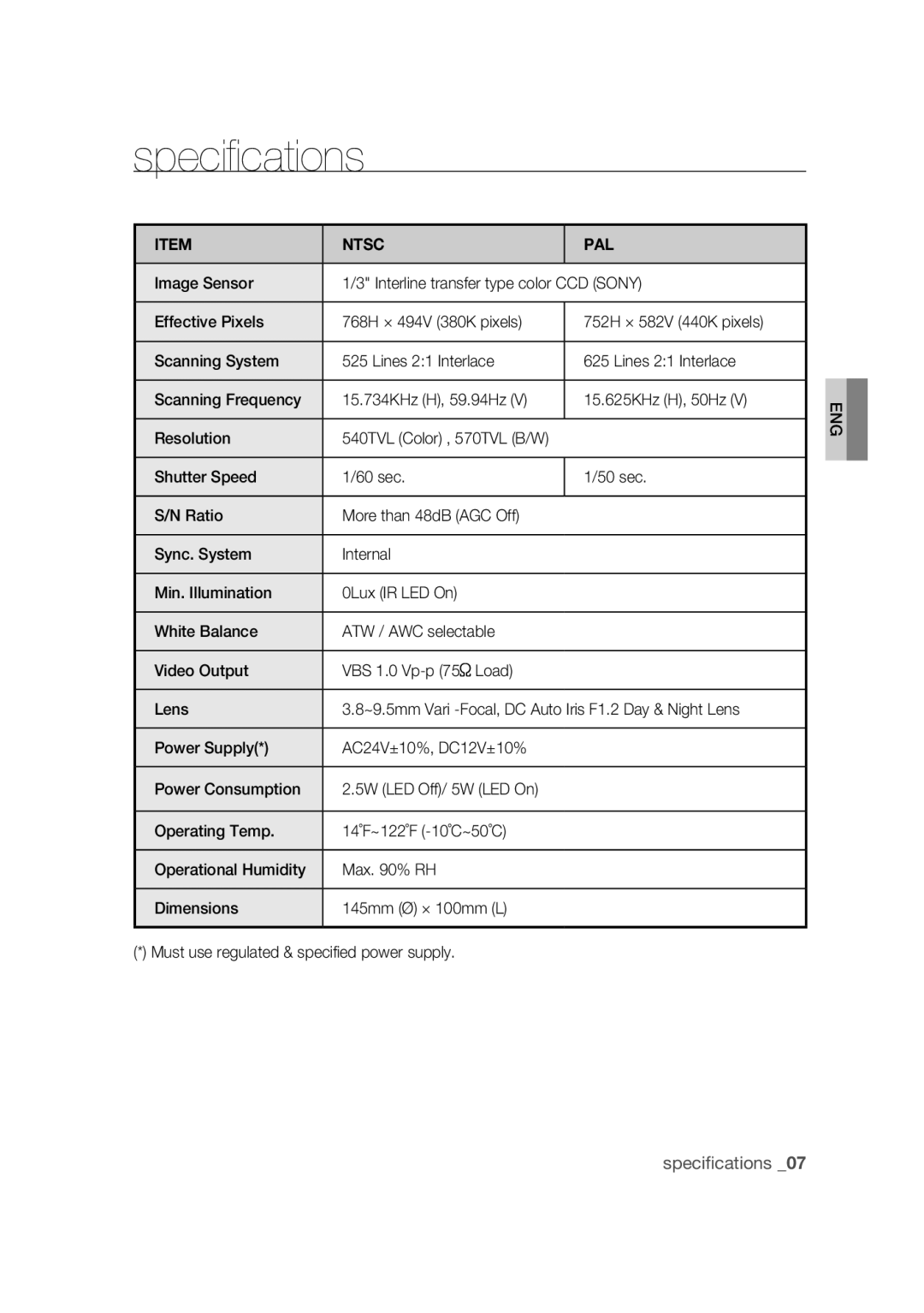 Samsung SCC-B9374P manual Specifications, Ntsc PAL 