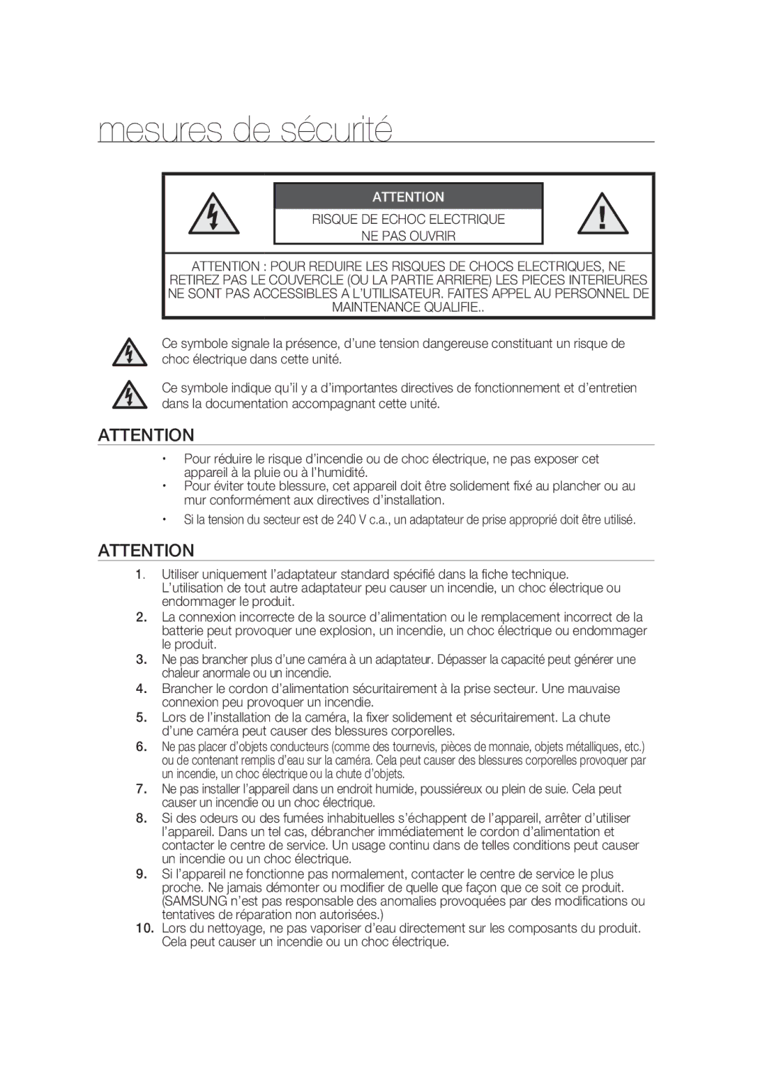 Samsung SCC-B9374P manual Mesures de sécurité, NE PAS Ouvrir 