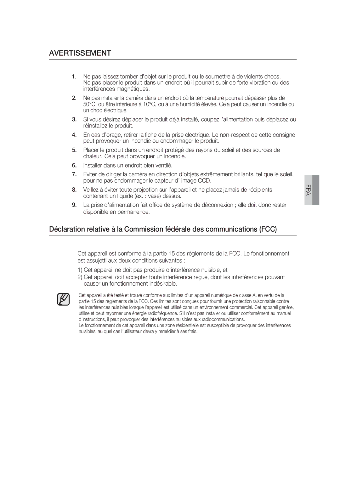 Samsung SCC-B9374P manual Avertissement 