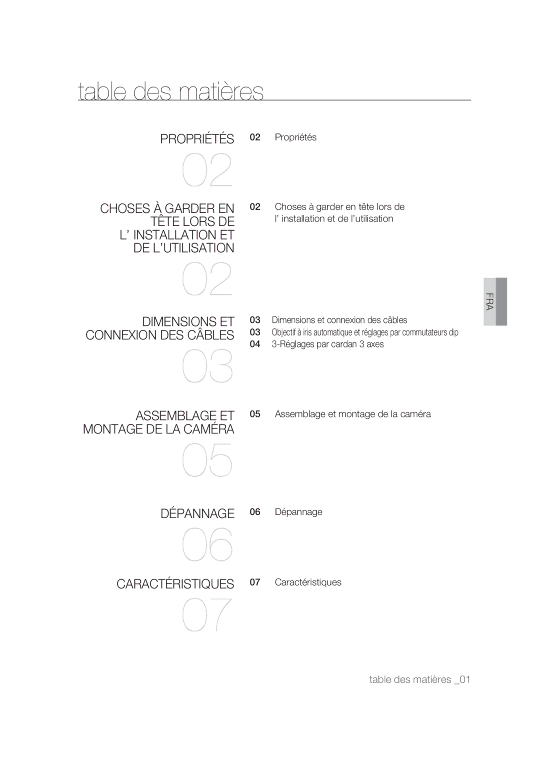 Samsung SCC-B9374P manual Table des matières 