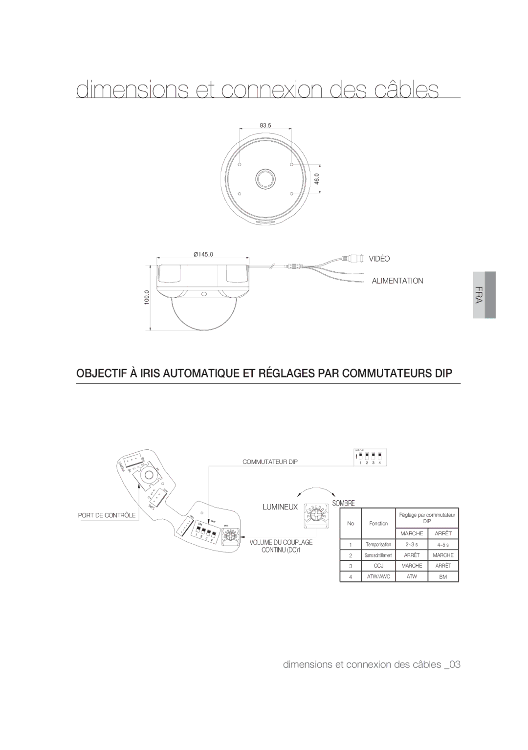 Samsung SCC-B9374P manual Dimensions et connexion des câbles, Sombre 