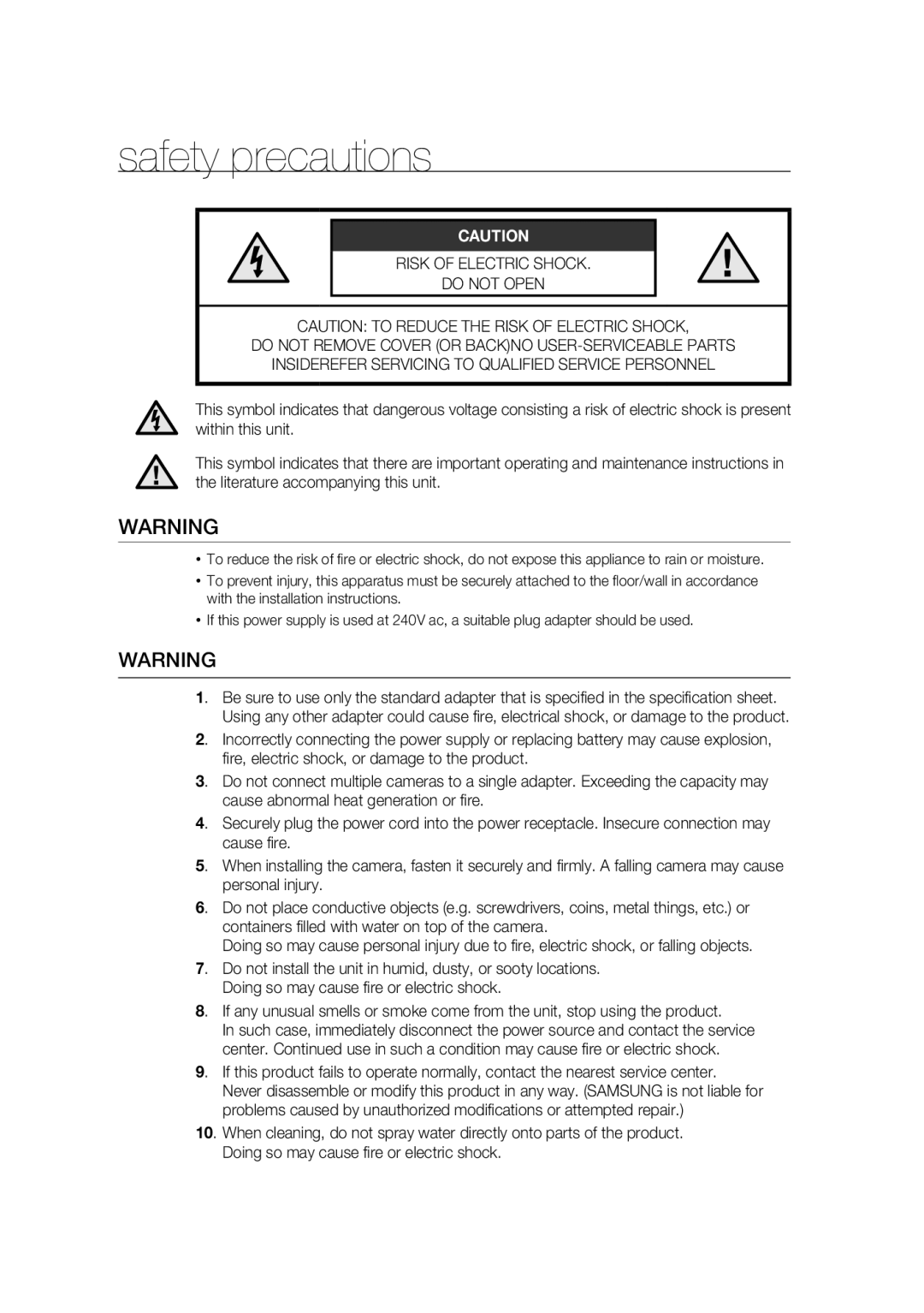 Samsung SCC-B9374P manual Safety precautions 