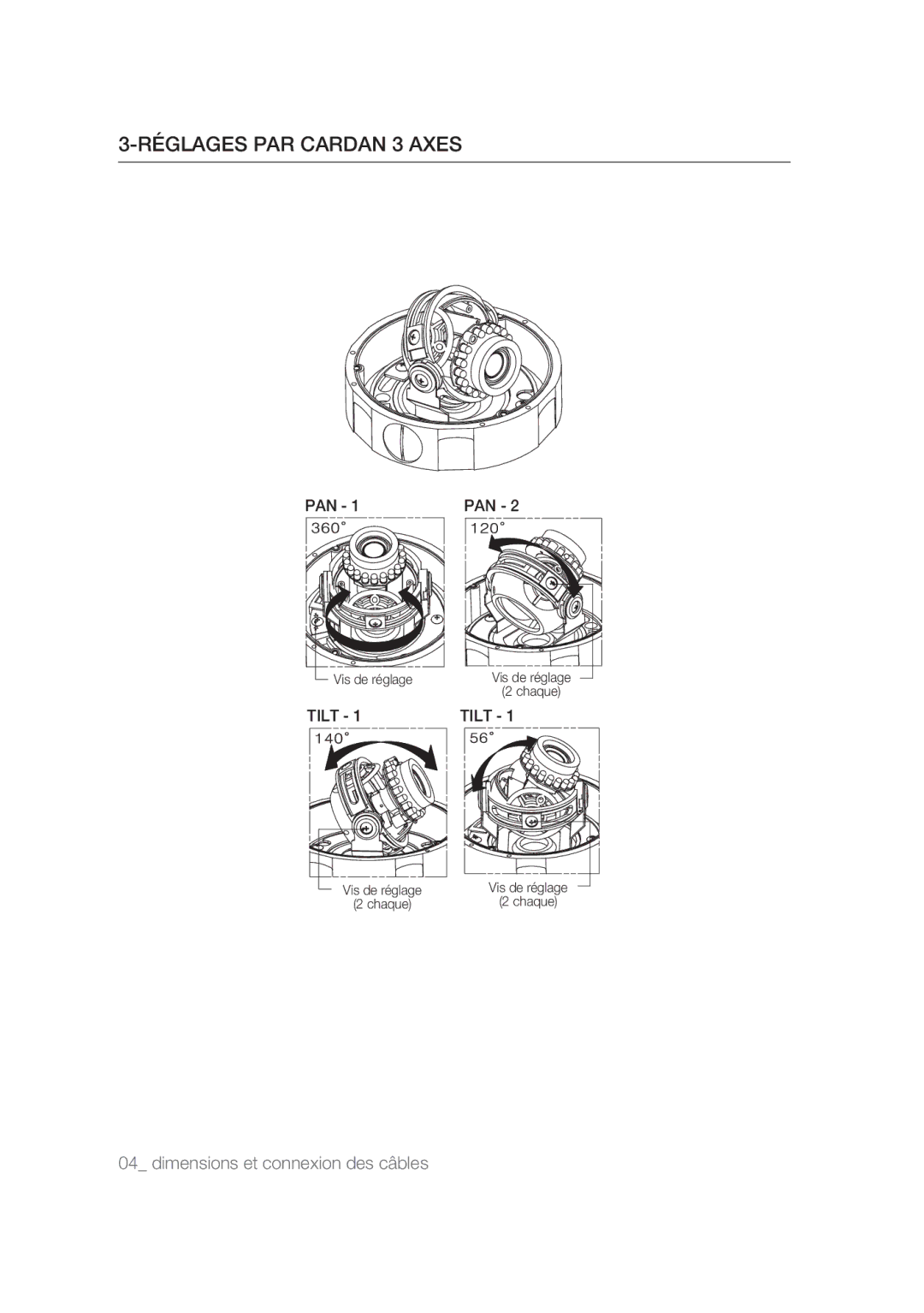 Samsung SCC-B9374P manual Réglages PAR Cardan 3 Axes 