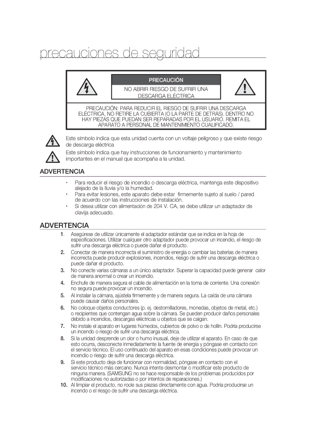 Samsung SCC-B9374P manual Precauciones de seguridad, Advertencia 