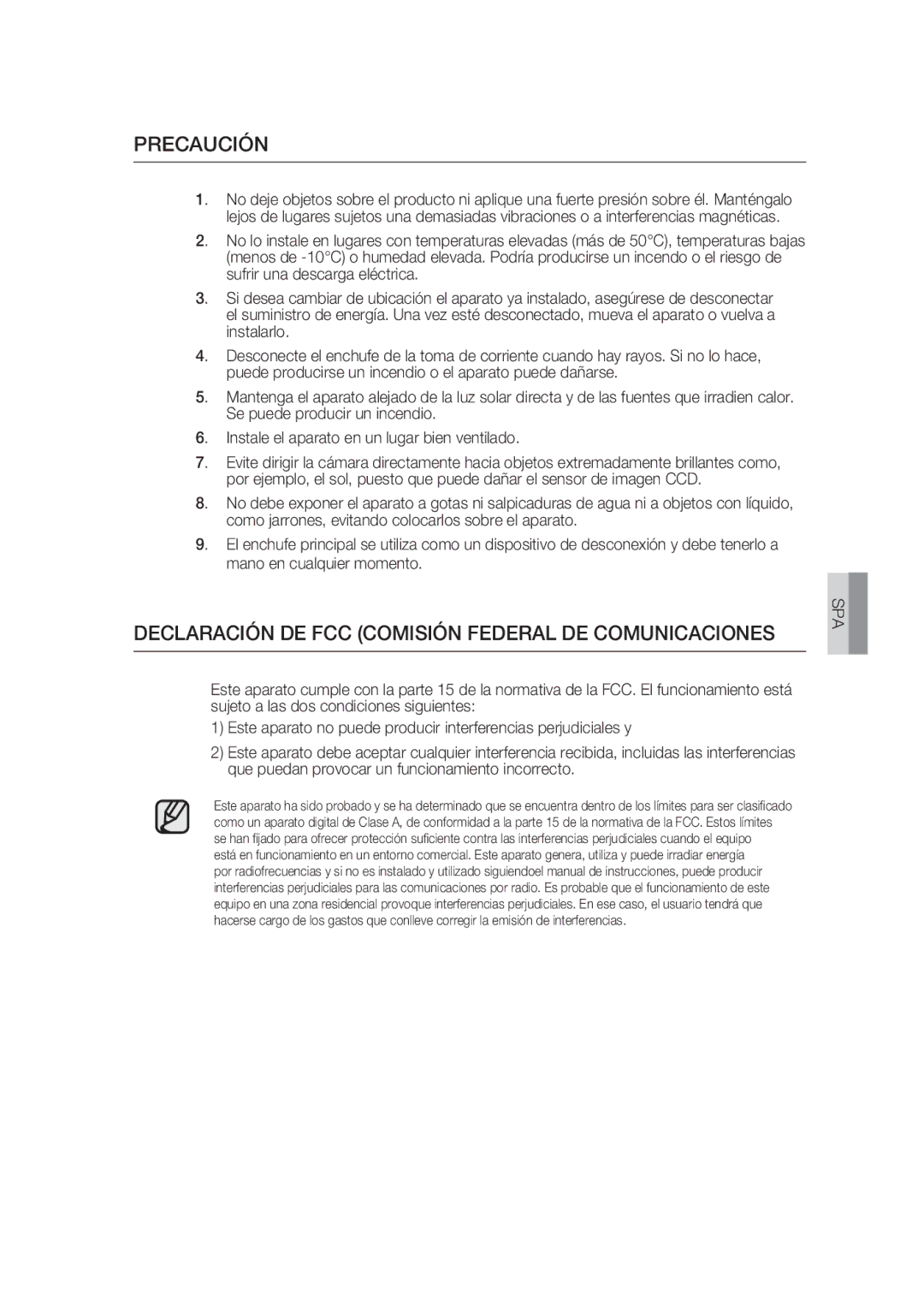 Samsung SCC-B9374P manual Precaución, Declaración de FCC Comisión Federal de Comunicaciones 