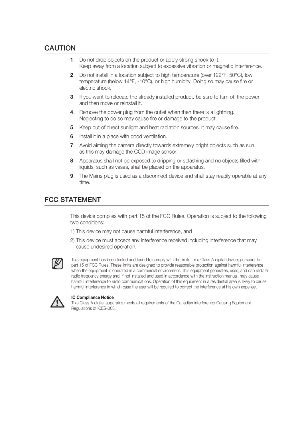 Samsung SCC-B9374P manual FCC Statement, IC Compliance Notice 