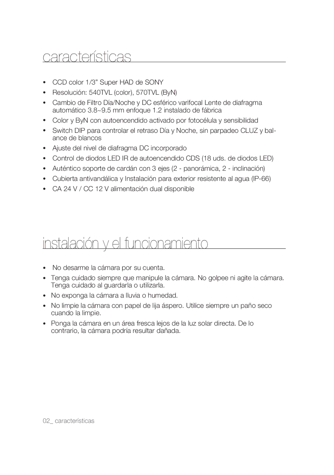 Samsung SCC-B9374P manual Características, Instalación y el funcionamiento 