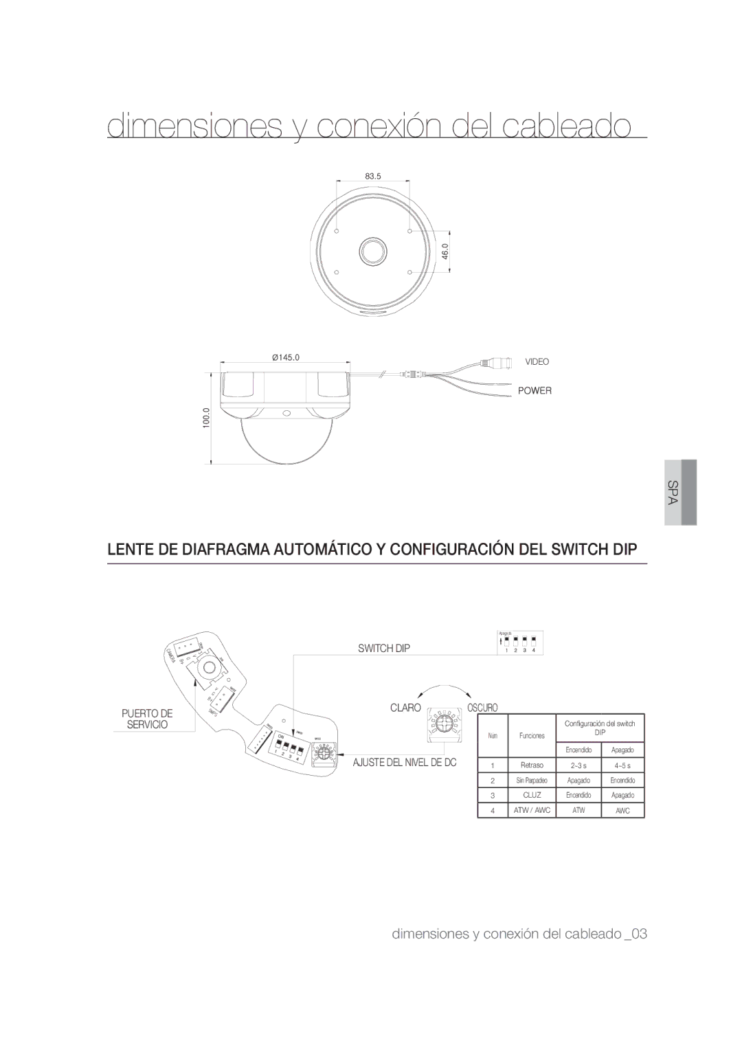 Samsung SCC-B9374P manual Dimensiones y conexión del cableado, Switch DIP Claro Oscuro Servicio 