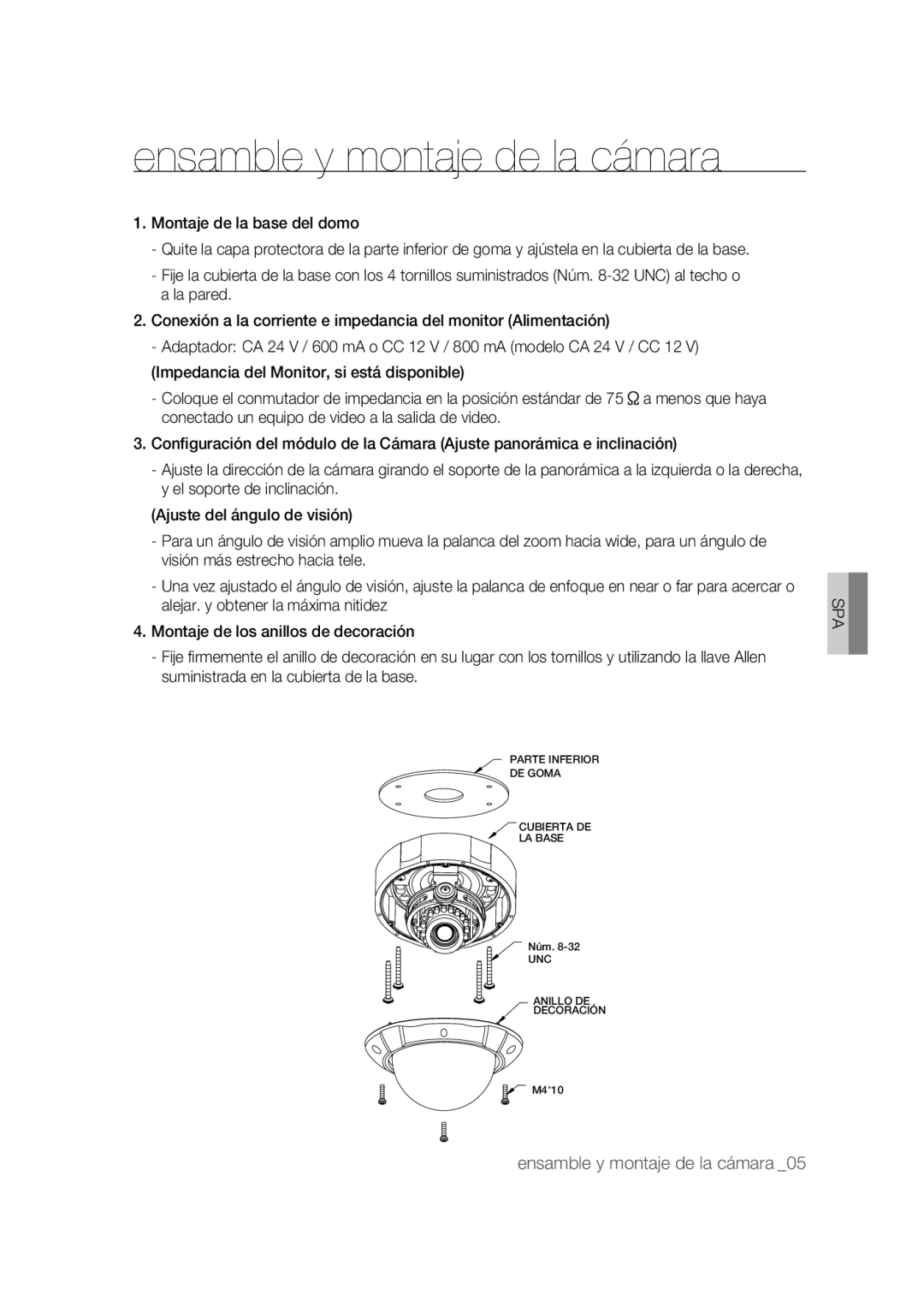 Samsung SCC-B9374P manual Ensamble y montaje de la cámara 