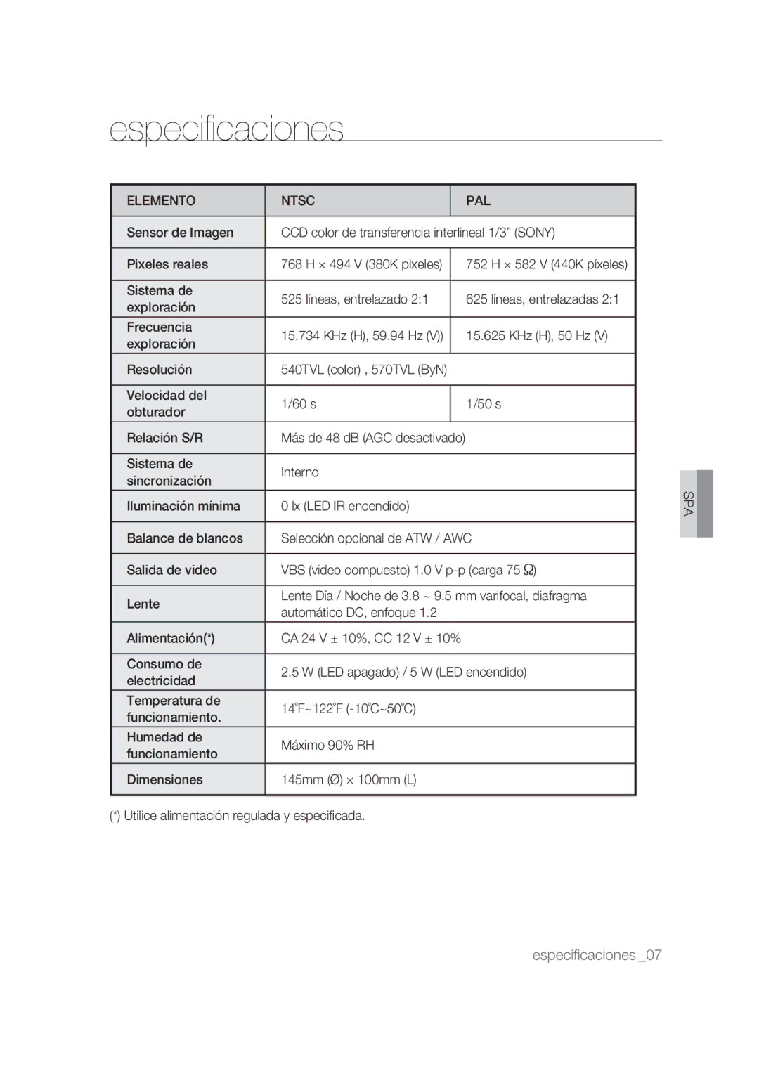 Samsung SCC-B9374P manual Especificaciones, Elemento Ntsc PAL 