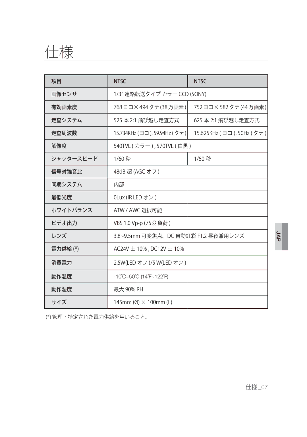 Samsung SCC-B9374P manual 仕様 0 