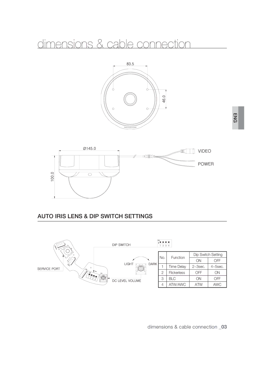 Samsung SCC-B9374P manual Dimensions & cable connection, Auto Iris Lens & DIP Switch Settings 