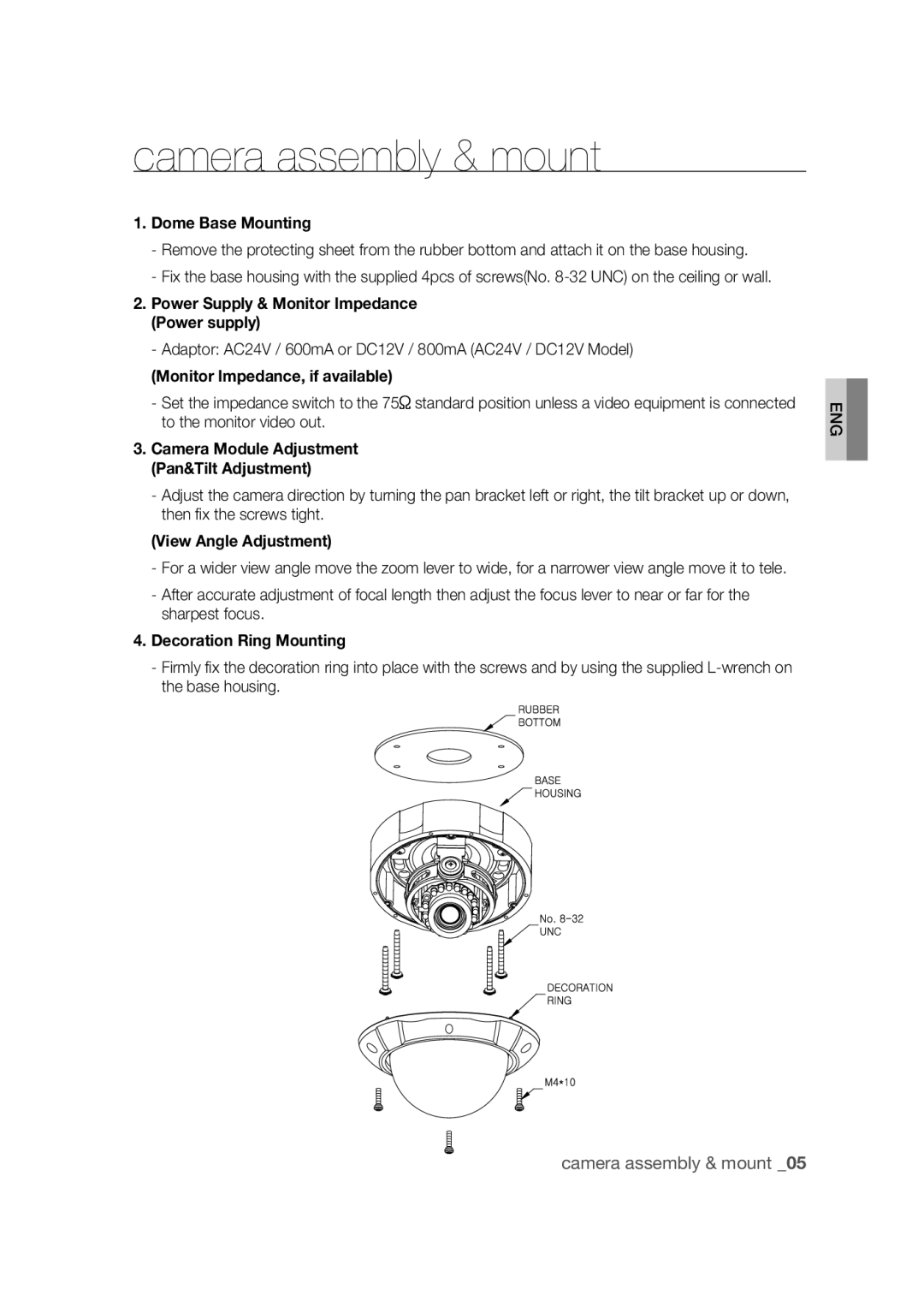 Samsung SCC-B9374P manual Camera assembly & mount, Dome Base Mounting 