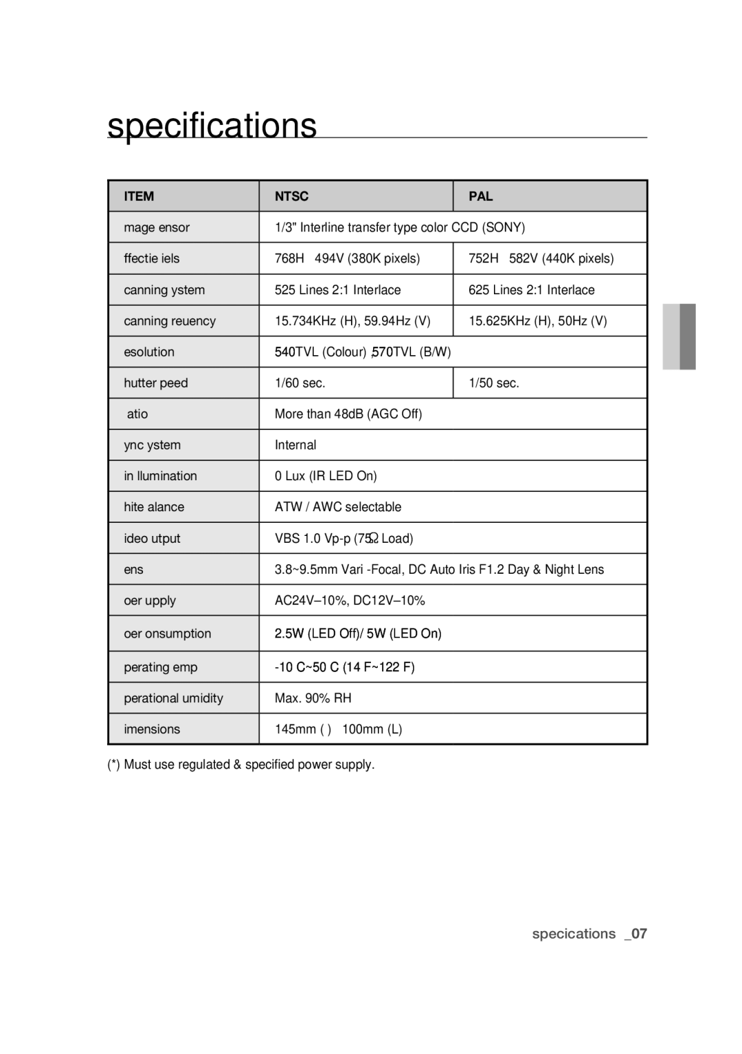 Samsung SCC-B9374P manual Specifications, Ntsc PAL 