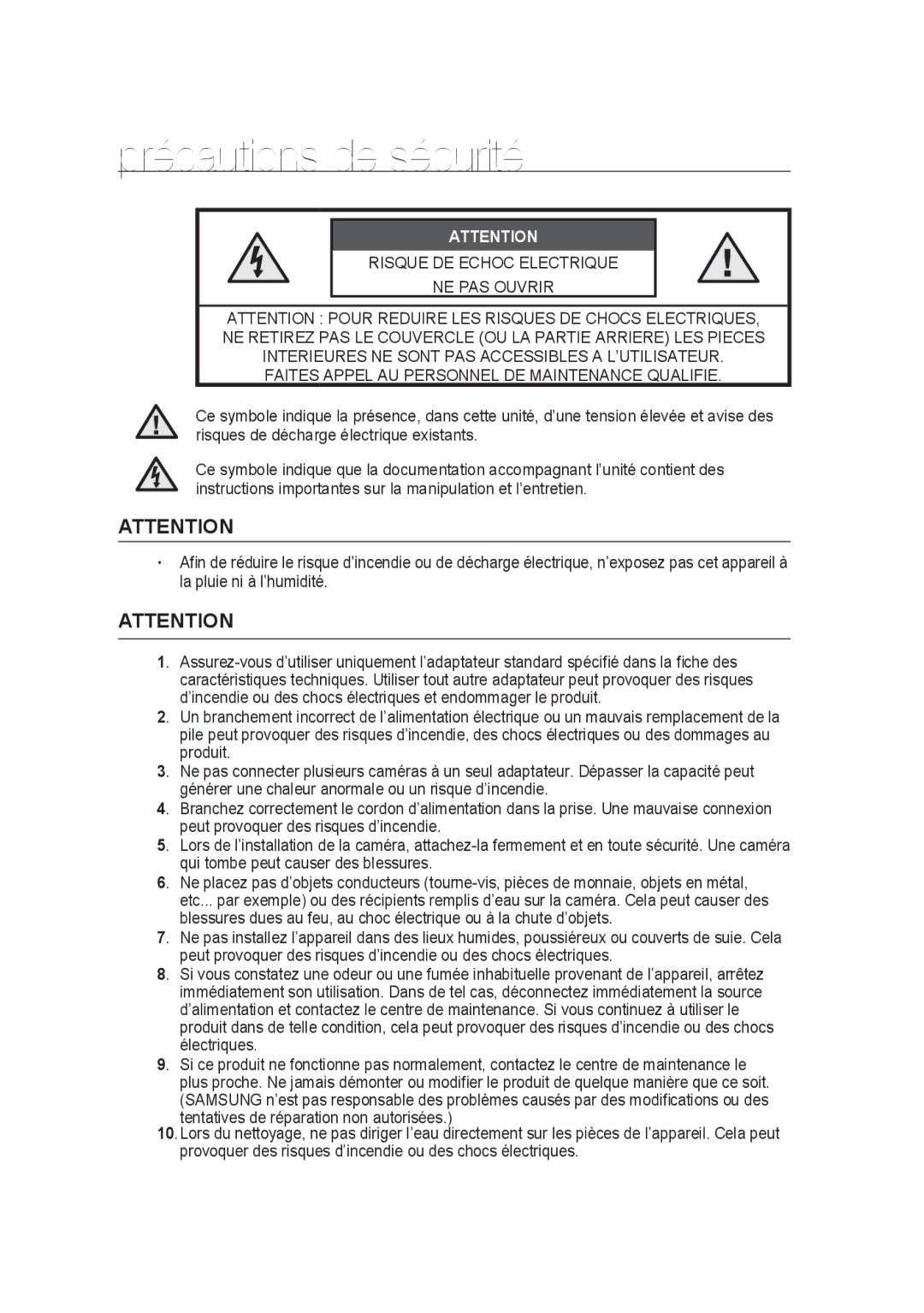 Samsung SCC-B9374P manual Précautions de sécurité 