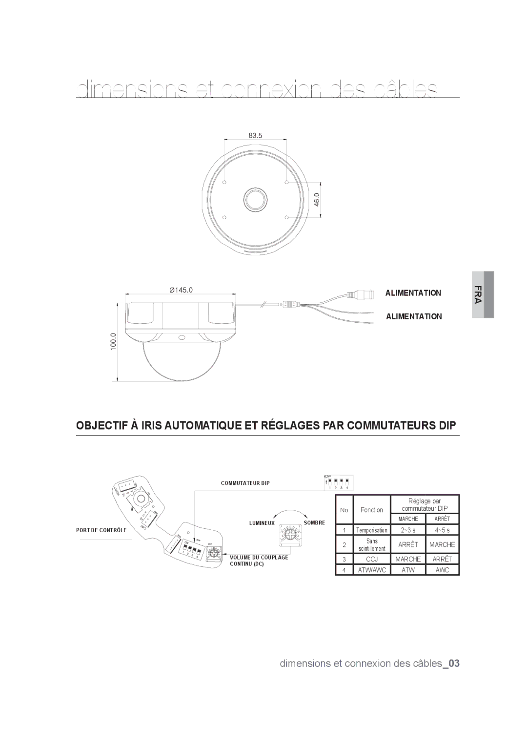 Samsung SCC-B9374P manual Dimensions et connexion des câbles, Réglage par 