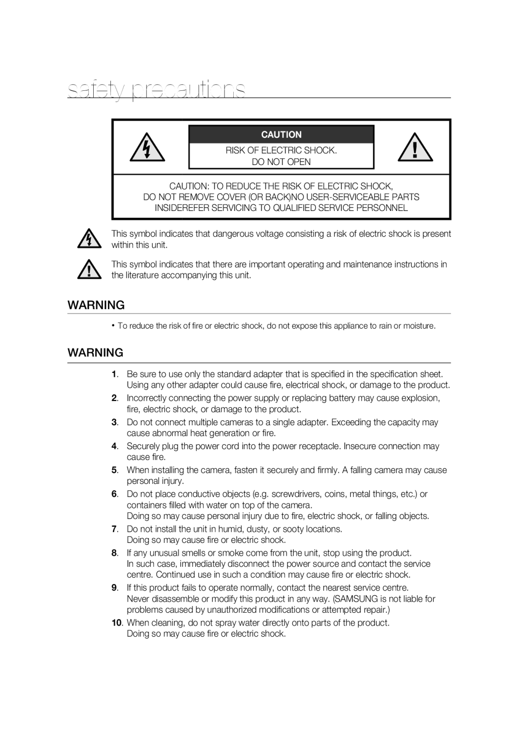 Samsung SCC-B9374P manual Safety precautions 