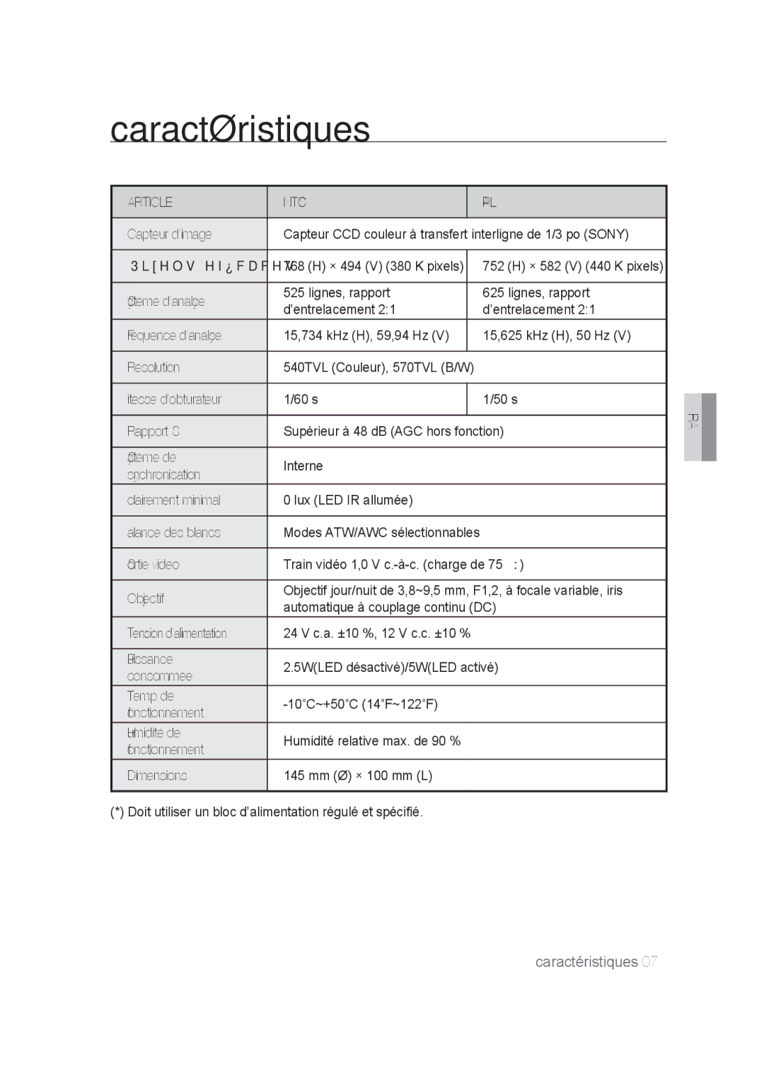 Samsung SCC-B9374P manual Caractéristiques, Article Ntsc PAL 