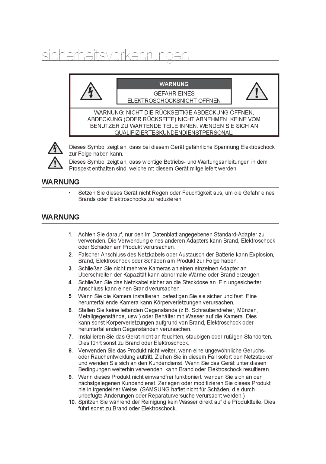 Samsung SCC-B9374P manual Sicherheitsvorkehrungen, Warnung 