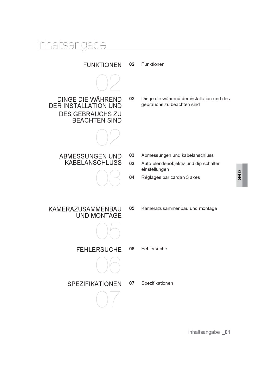 Samsung SCC-B9374P manual Inhaltsangabe 