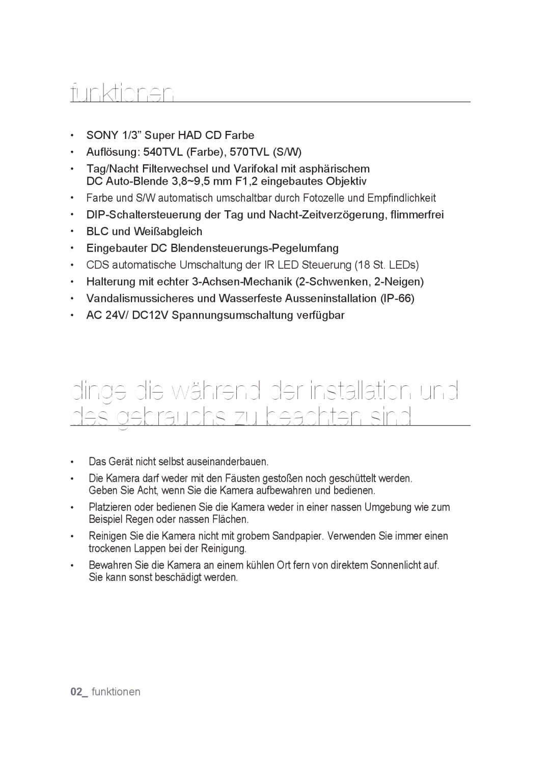 Samsung SCC-B9374P manual Funktionen, Das Gerät nicht selbst auseinanderbauen 