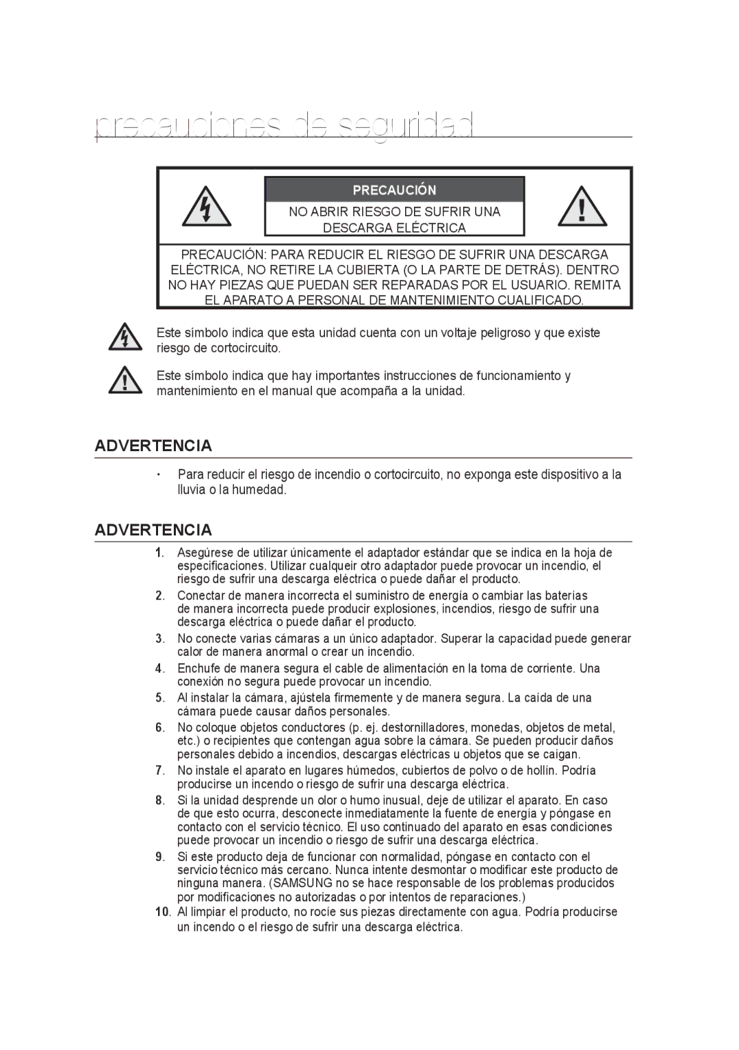 Samsung SCC-B9374P manual Precauciones de seguridad, Advertencia 