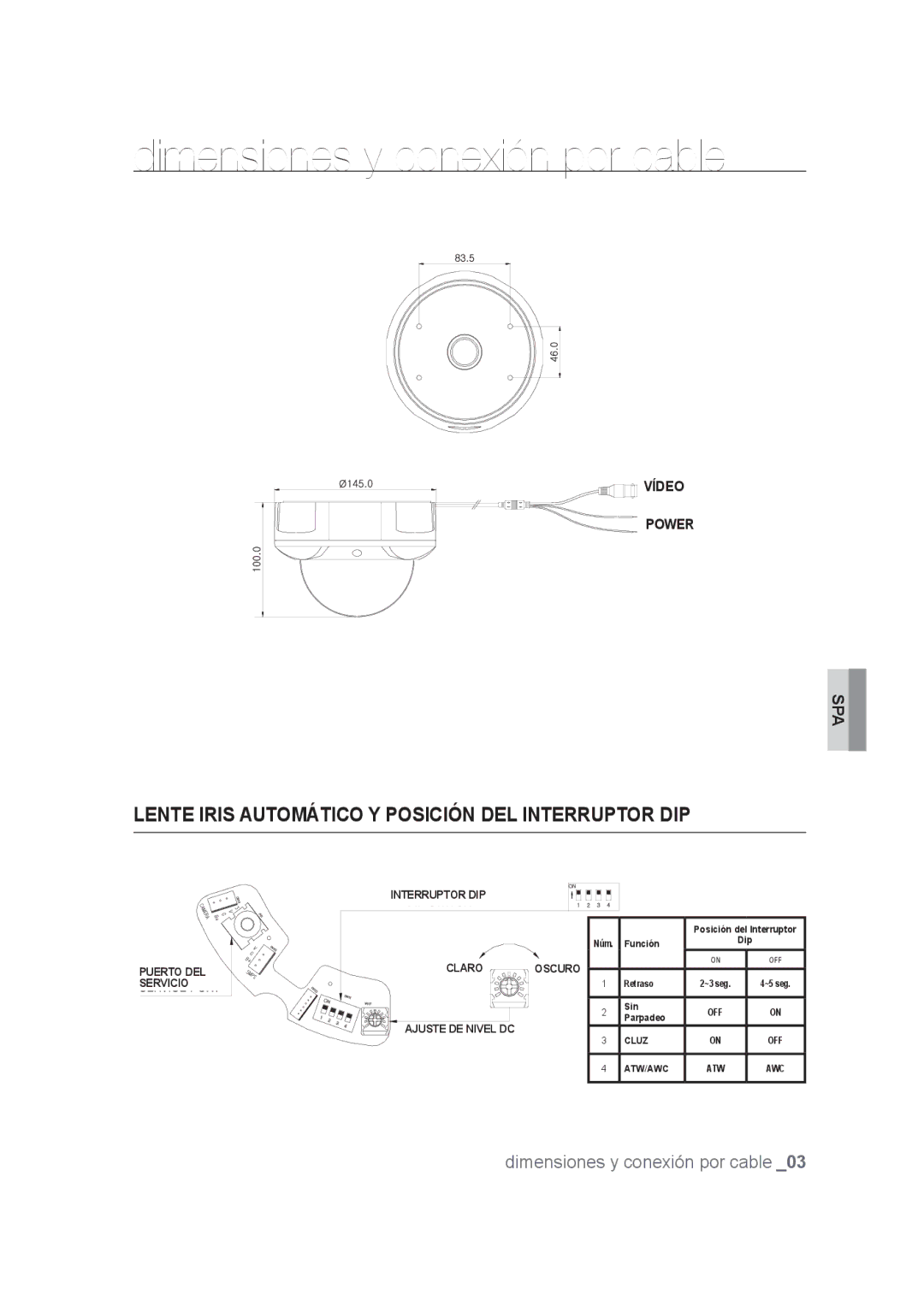 Samsung SCC-B9374P manual Dimensiones y conexión por cable, Lente Iris Automático Y Posición DEL Interruptor DIP 