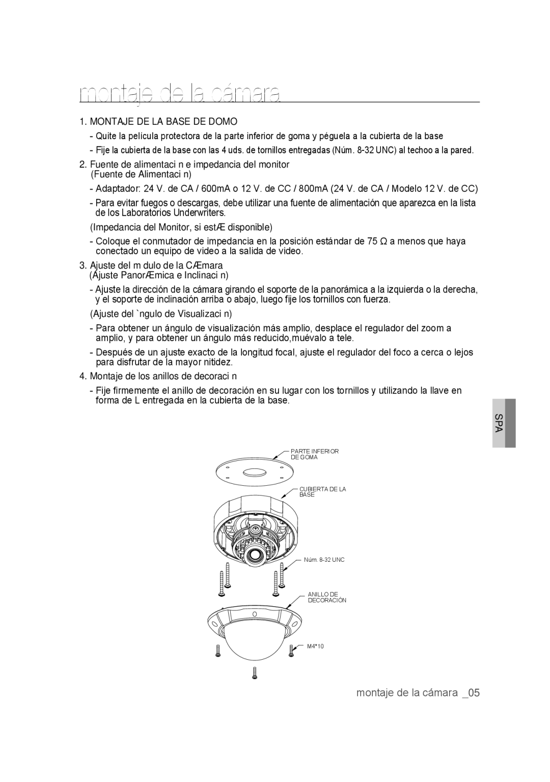 Samsung SCC-B9374P manual Montaje de la cámara, Montaje DE LA Base DE Domo 