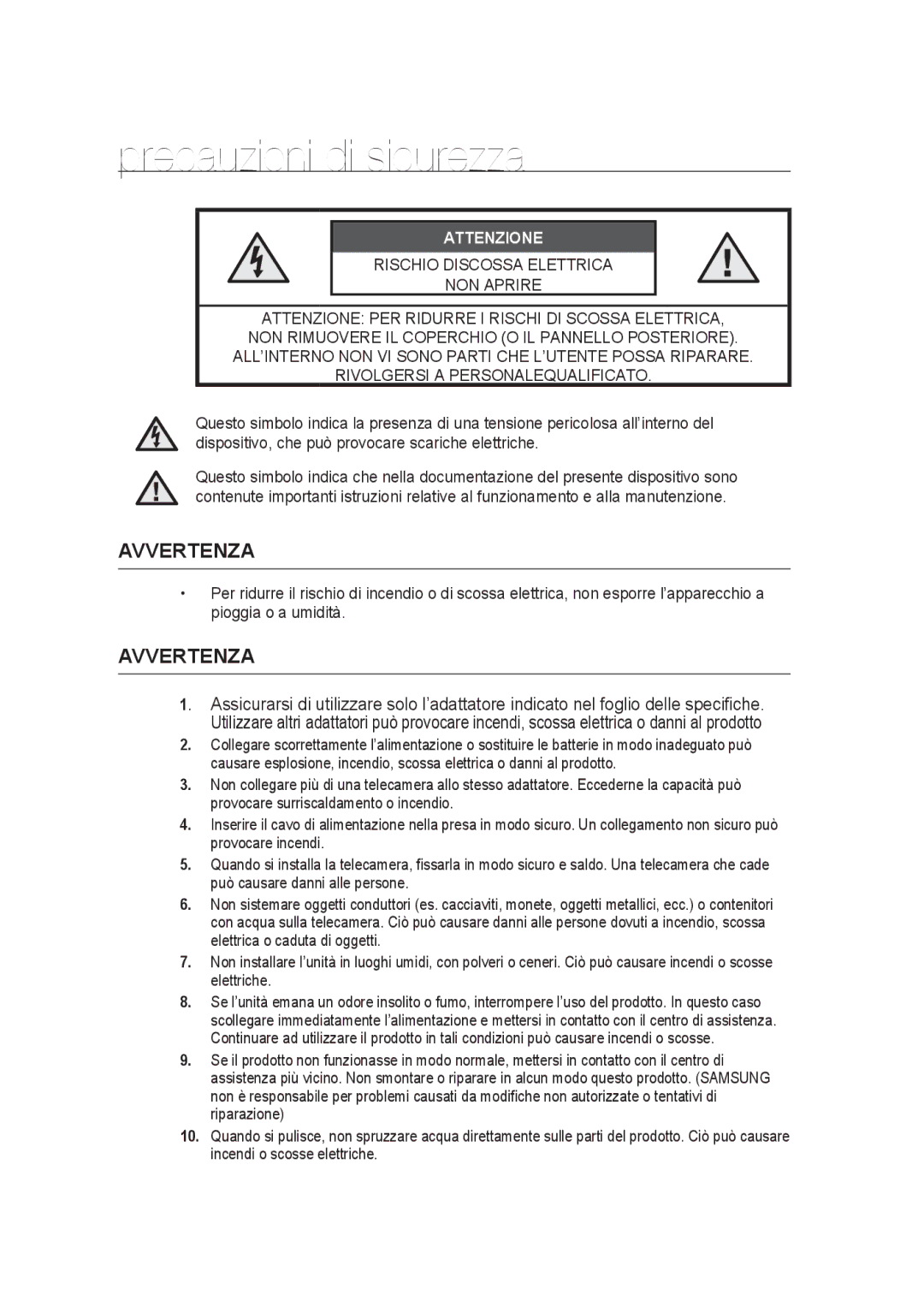 Samsung SCC-B9374P manual Precauzioni di sicurezza, Avvertenza 