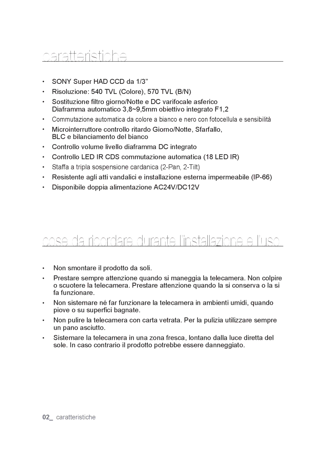 Samsung SCC-B9374P manual Caratteristiche, Cose da ricordare durante l’installazione e l’uso 