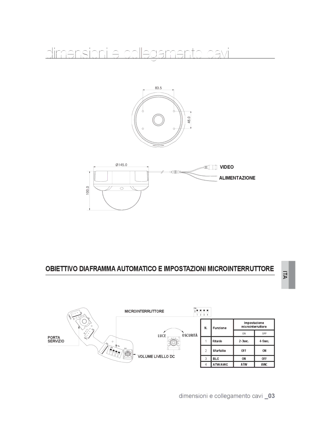 Samsung SCC-B9374P manual Dimensioni e collegamento cavi 