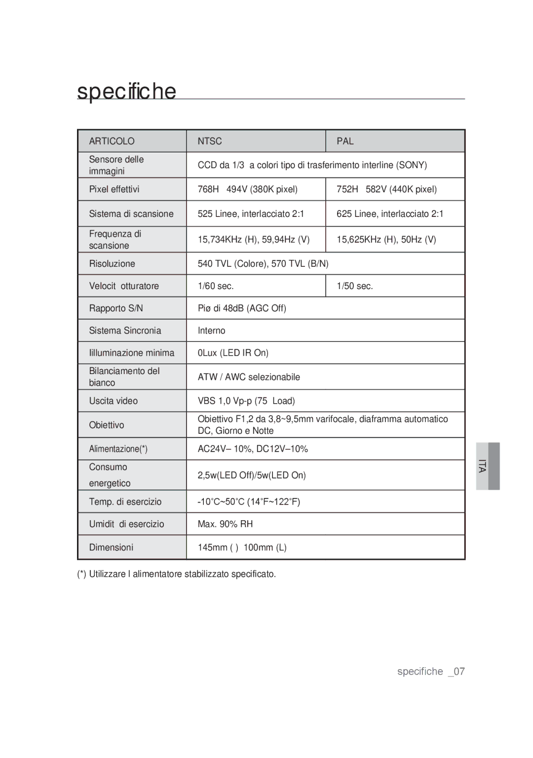 Samsung SCC-B9374P manual Specifiche, Articolo Ntsc PAL 