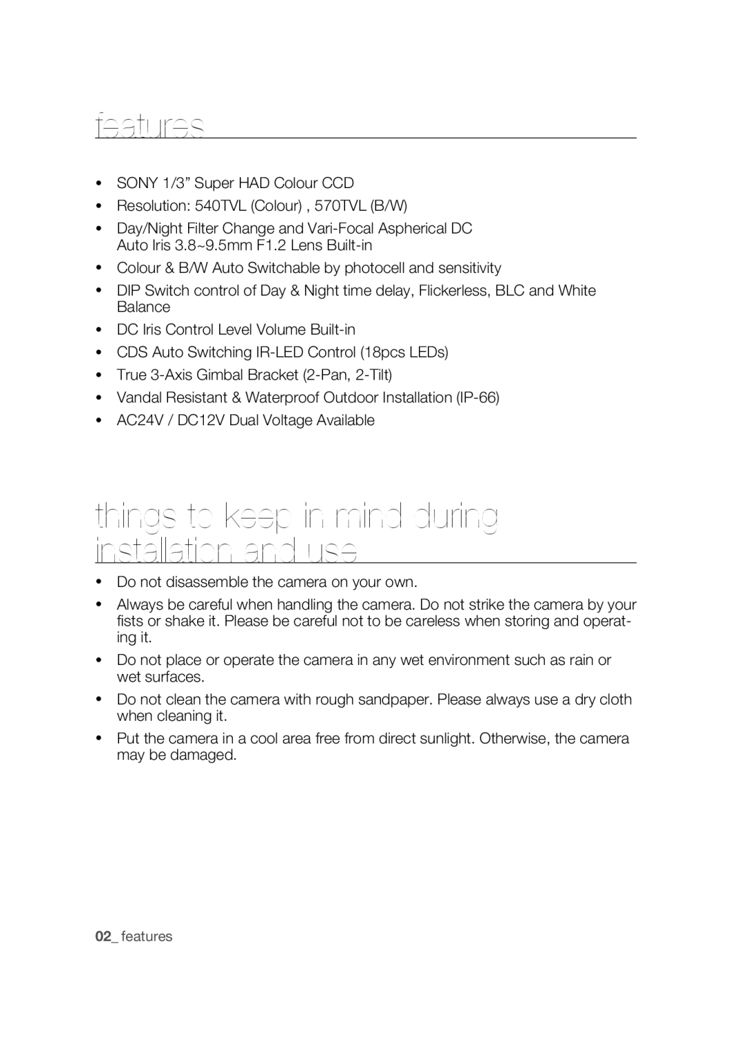 Samsung SCC-B9374P manual Features, Things to keep in mind during installation and use 