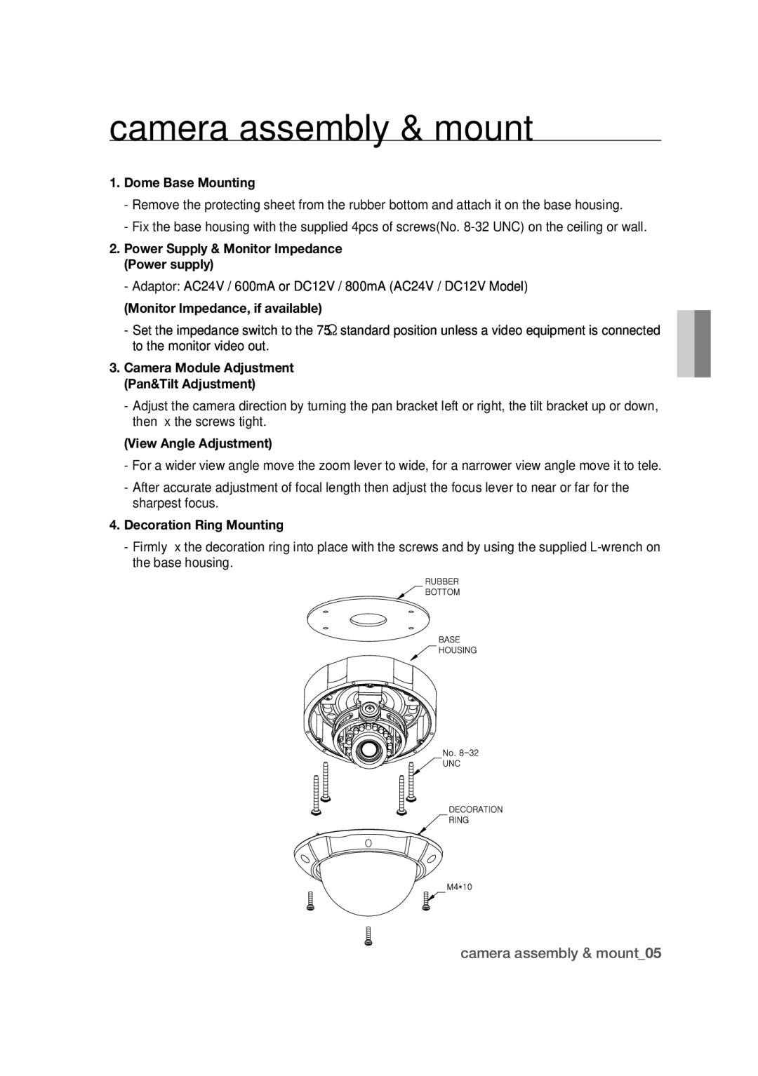 Samsung SCC-B9374P manual Camera assembly & mount, Dome Base Mounting 