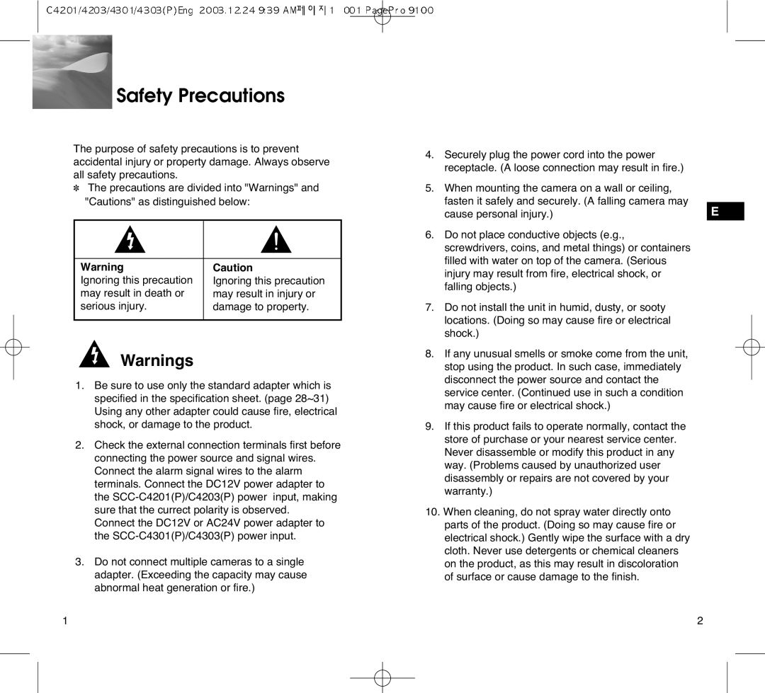 Samsung C4303(P), SCC-C4201(P), C4301(P), C4203(P) manual Safety Precautions 