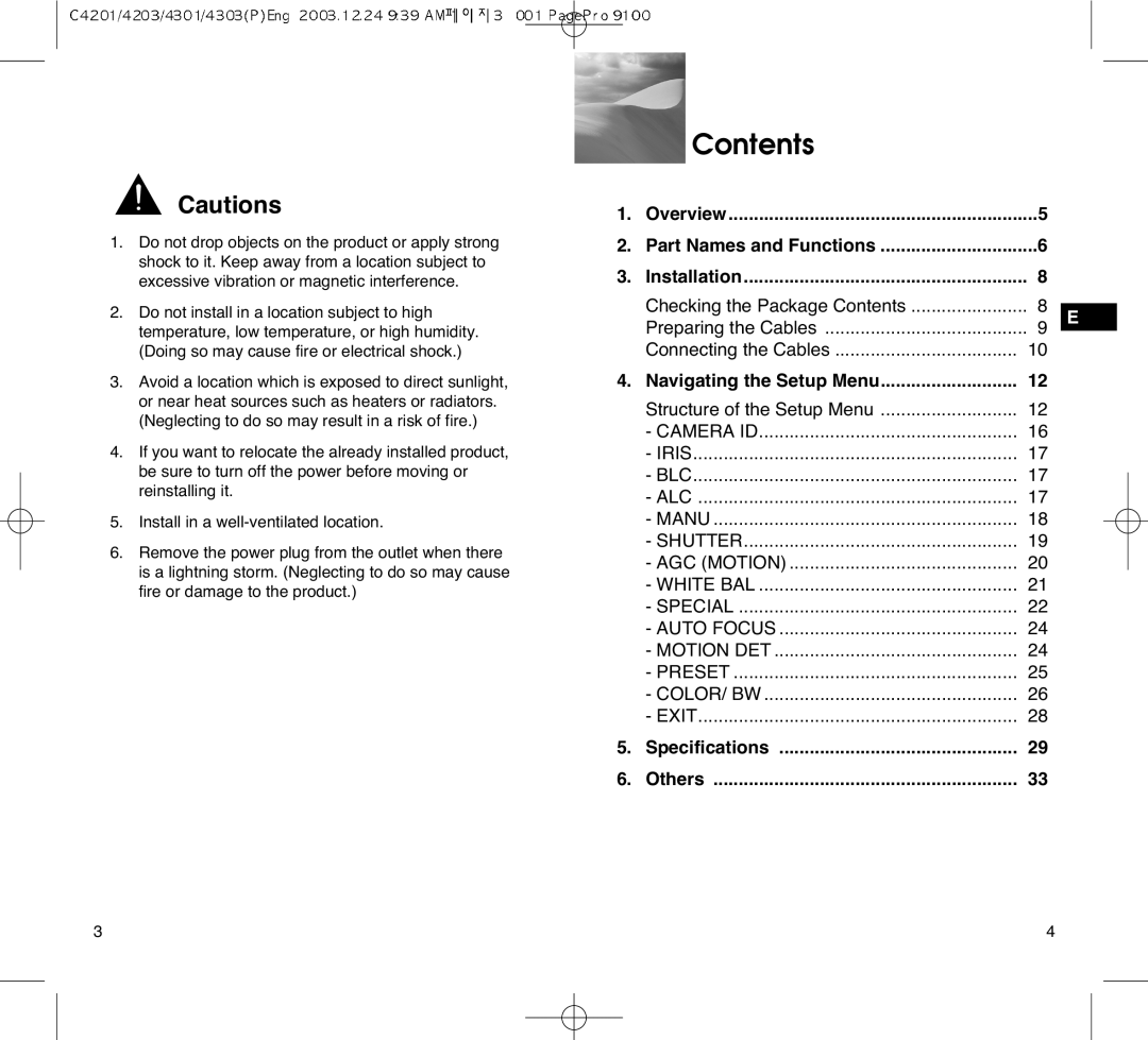 Samsung C4203(P), SCC-C4201(P), C4301(P), C4303(P) manual Contents 