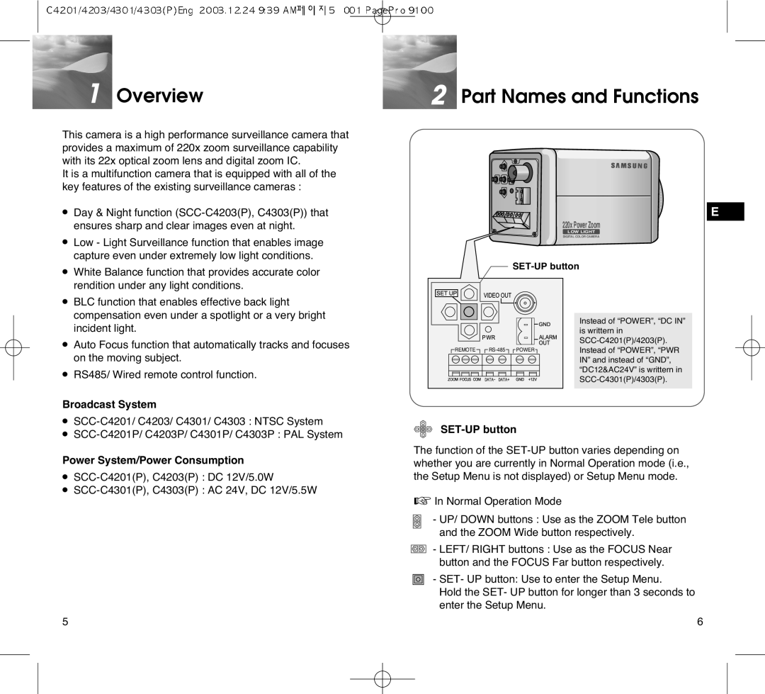 Samsung SCC-C4201(P) Overview, Part Names and Functions, Broadcast System, Power System/Power Consumption, SET-UP button 