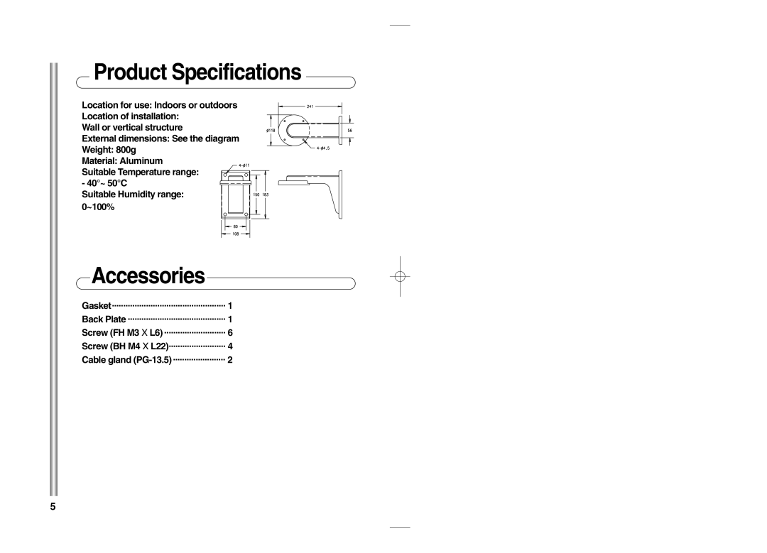 Samsung SCC-C4201P, SADT-101WM manual Product Specifications, Accessories, Screw BH M4 X L22 