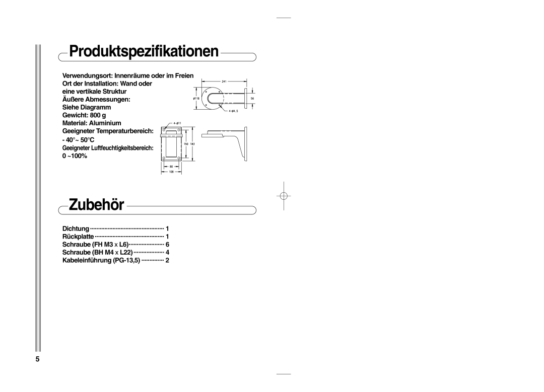 Samsung SADT-101WM, SCC-C4201P manual Produktspezifikationen, Zubehör, Geeigneter Luftfeuchtigkeitsbereich ~100% 