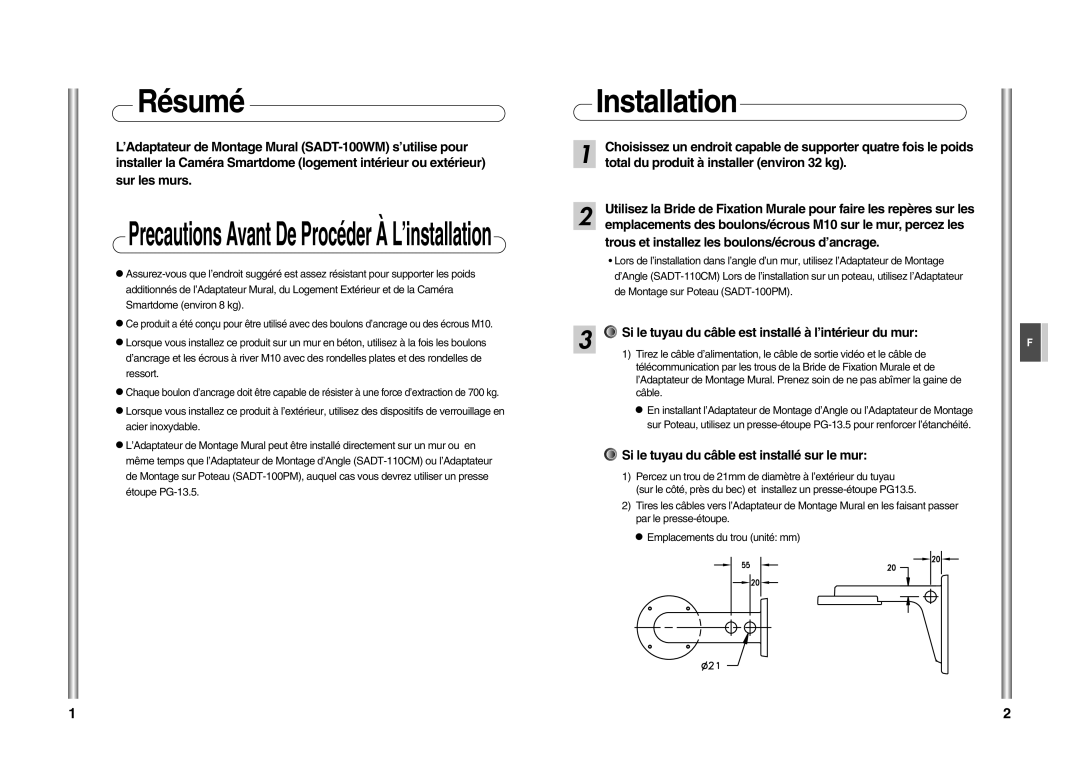 Samsung SCC-C4201P Résumé, Total du produit à installer environ 32 kg, Trous et installez les boulons/écrous d’ancrage 