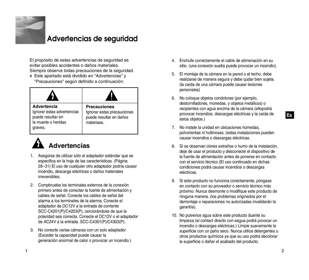 Samsung SCC-C4201P, SADT-101WM manual Advertencias de seguridad, Precauciones 