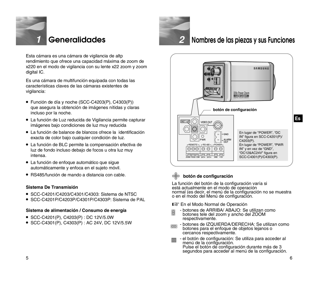 Samsung SCC-C4201P, SADT-101WM manual Generalidades, Sistema De Transmisión, Sistema de alimentación / Consumo de energía 