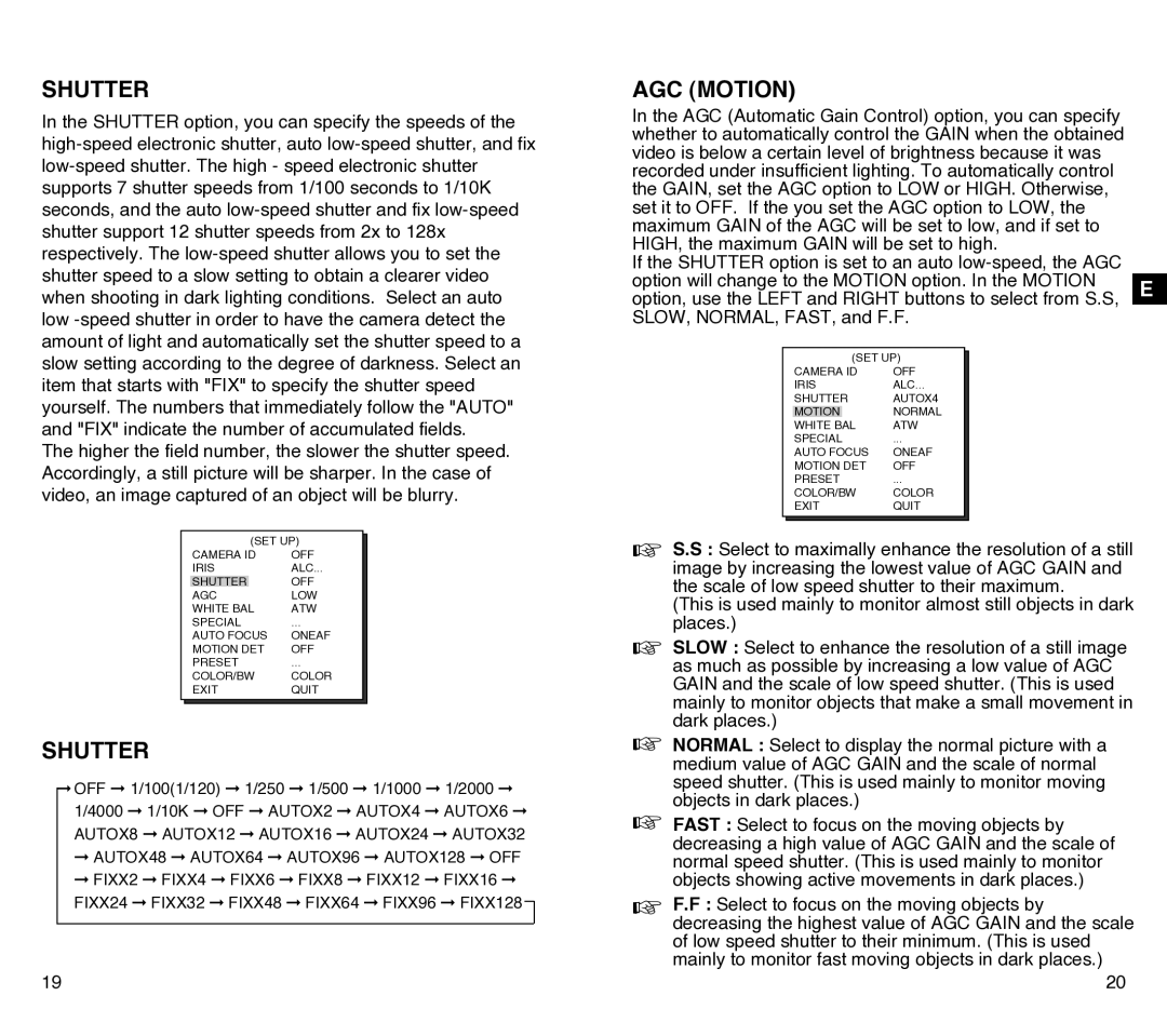 Samsung SCC-C4301P, SCC-C4201P manual Shutter, AGC Motion 