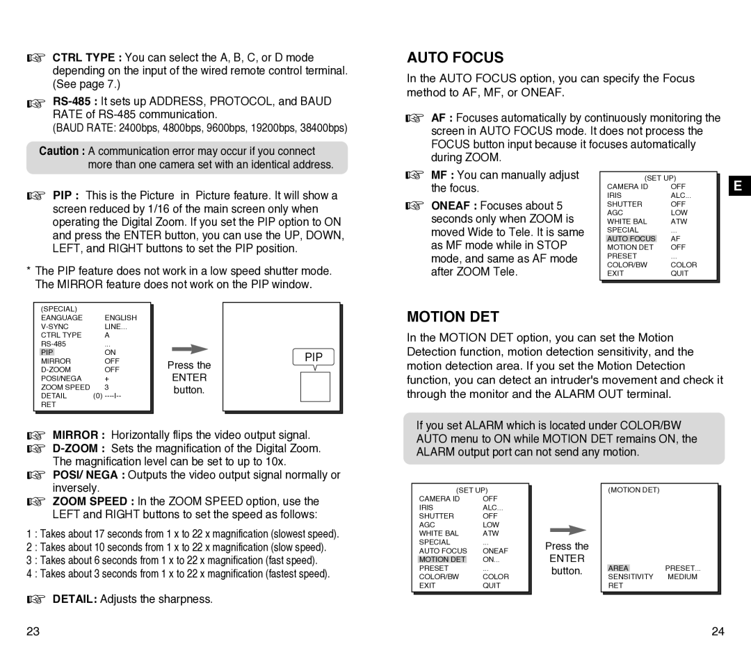 Samsung SCC-C4301P, SCC-C4201P manual Auto Focus, Motion DET, Mirror Horizontally flips the video output signal 