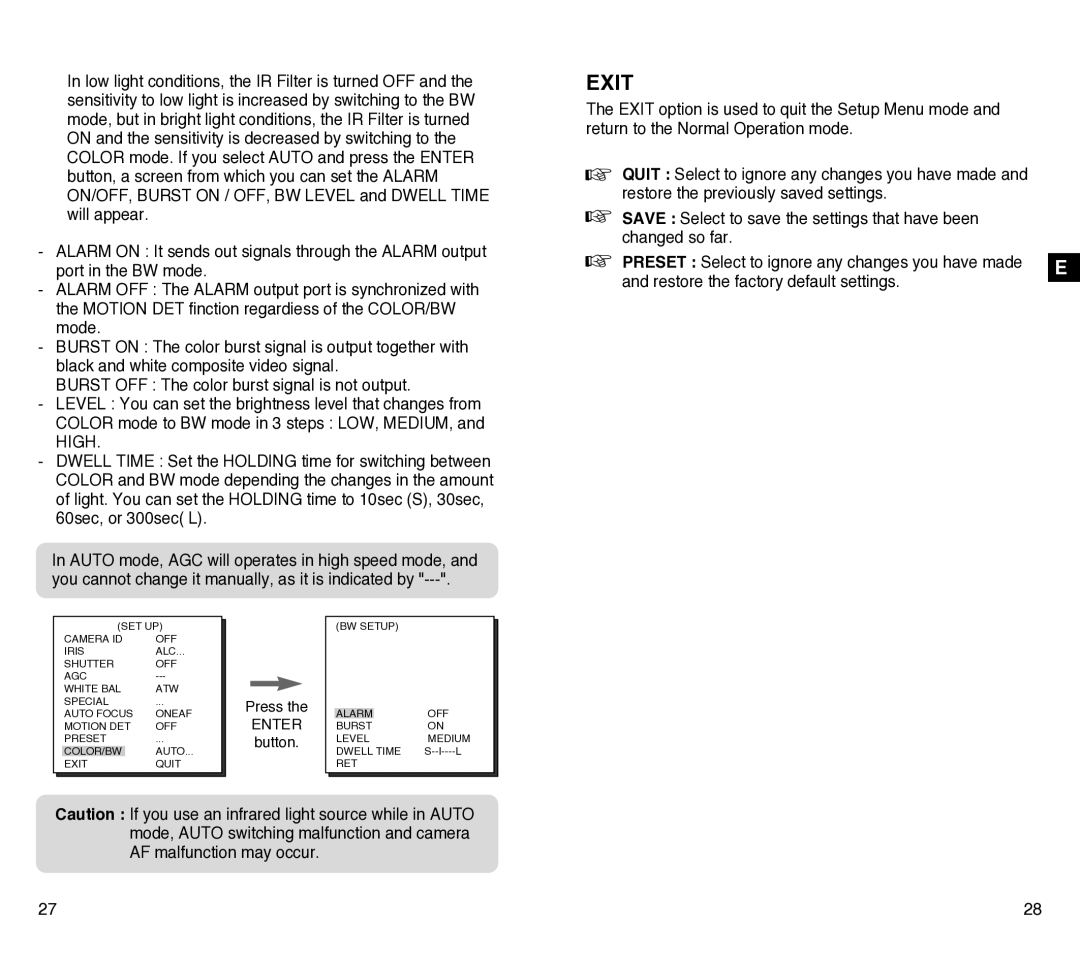 Samsung SCC-C4301P, SCC-C4201P manual Exit, Restore the factory default settings 